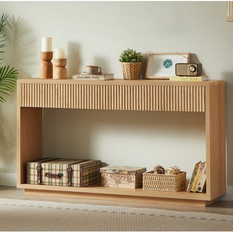 Console d’entrée moderne 150 cm avec 2 tiroirs et niche ouverte, panneaux bois, naturel, REDOM (1/5)
