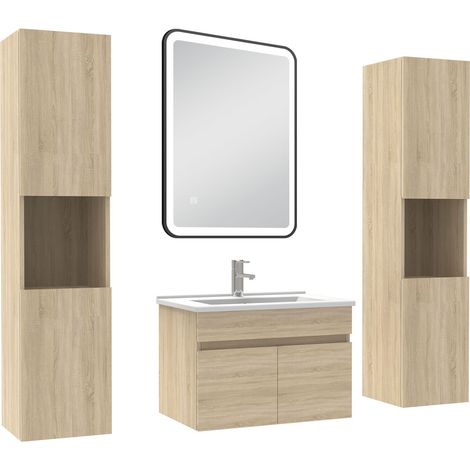 Acezanble Meuble simple vasque 60cm avec colonne + miroir 3 couleurs + dimmable chêne wotan (1/5)