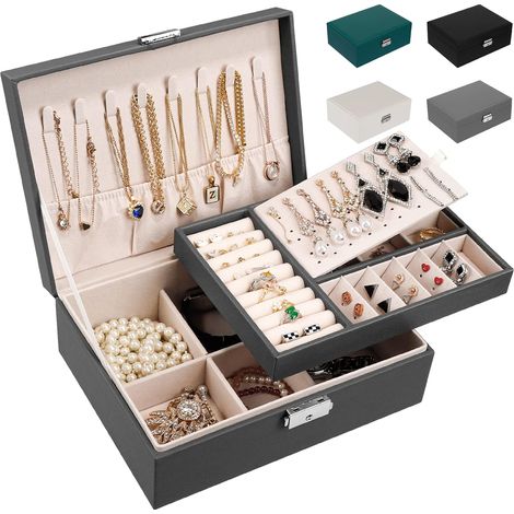 Boîte à Bijoux pour Femme en Cuir Deux Etages Coffret de Rangement Bijoux pour Ranger Bagues/Boucles d'oreilles/Colliers (Gris) (1/5)