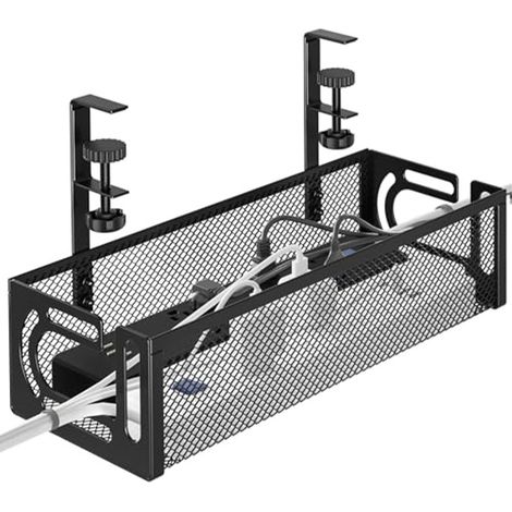 Lot de 2 plateaux de gestion de câbles en maille d'aluminium de 39 cm, fixation sans perçage, organisateur de câbles sous bureau, noir (1/5)