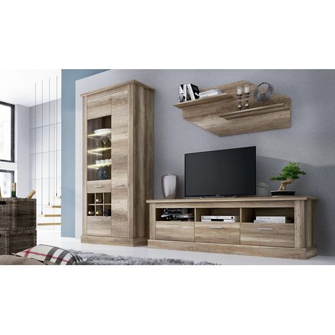 Pegane – Ensemble de meubles de salon chêne vieilli – Meuble TV 180cm avec 3 tiroirs – Étagère murale 130cm – Vitrine LED 201,6cm (1/4)