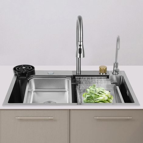 Edelstahl KüChenspüLe Wasserfall BarspüLe Eine Becken HaushaltsspüLen-Set Modern Integrierte SpüLe Mit Pull-Out Wasserhahn Schneidebrett Und Tassenwaschmaschine Rechteckig Silber