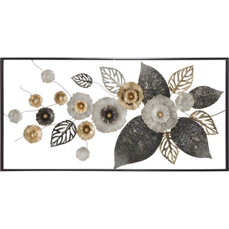 Pannello decorativo da parete Frame Plus a fiori in ferro nero, oro e bianco in cornice 120x59 cm