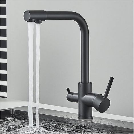 Grifo de cocina de 3 vías, agua potable, doble rosca, 3 en 1, giratorio 360°, acero inoxidable SUS304, negro mate. (1/5)