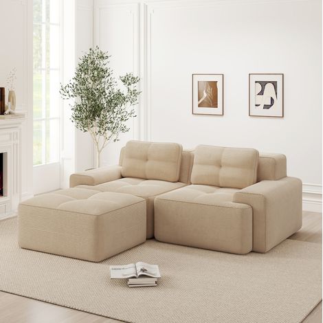 Sofá de esquina modular en L de pana beige, asiento profundo, con ottoman, OKWISH (1/5)
