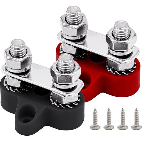 Poteau de jonction de batterie à deux goujons 5/16", Ampper 2 goujons M8 Barre de bus, de bloc de jonction d'alimentation et de mise à la terre, paquet de 2 (rouge et noir) (1/5)