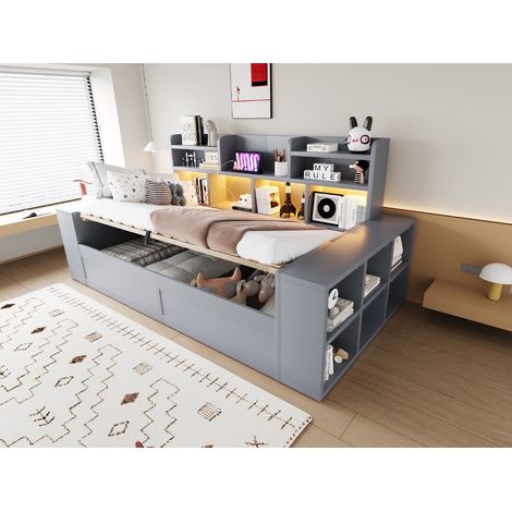 Sofá cama 90x200 cm con somier de láminas almacenamiento hidráulico toma de corriente led y estantes integrados en madera mdf estilo moderno - Gris (1/5)