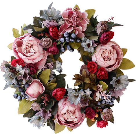 1 Couronne artificielle, fleurs en soie, anneau en rotin naturel, décoration murale, intérieur extérieur, printemps été (1/5)