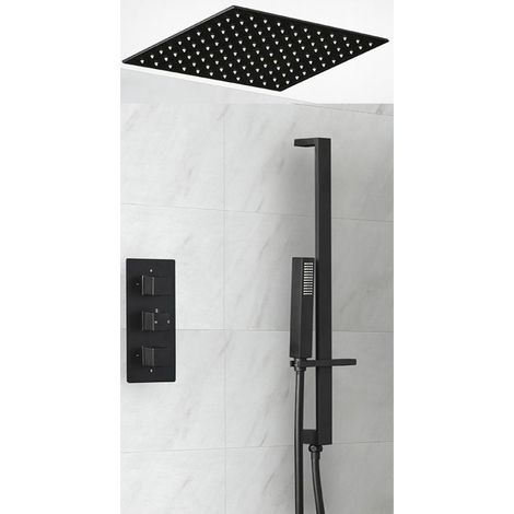 Milano Preto 2 Outlet Triple Thermostatic Mixer Shower Valve with 400mm Ceiling Mounted Square Recessed Rainfall Shower Head and Hand Shower Handset Riser Rail Bar Kit (1/3)