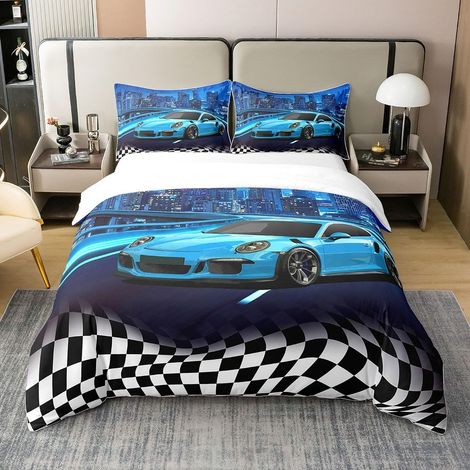 Voiture de Course Coton Parure de Lit pour Filles garçons Enfants Bleu Vitesse Voiture de Sport Ensemble de literie Noir Blanc Drapeau de Course Housse de Couette 200x200cm (1/5)