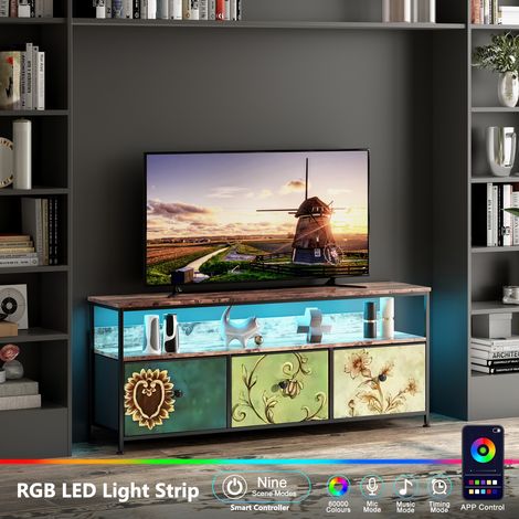 Mueble TV, Mueble para TV, Mueble de cocina, Mueble de almacenamiento, Diseño Moderno en Roble Tigre con Iluminación LED Integrada y Cajones en Tela Multicolor, Ancho de 137 cm