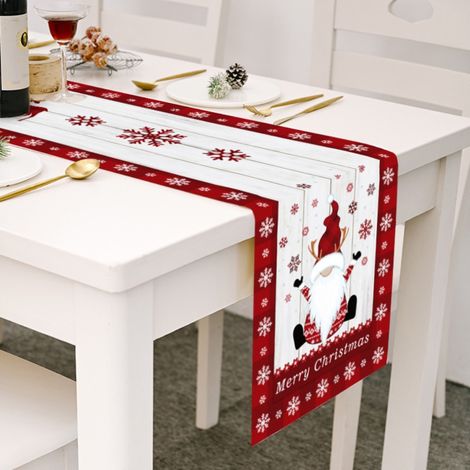 Weihnachtstischdecke mit Wichtel- und Elfenmotiv aus gestreifter Baumwolle und Leinen für Ess- oder Couchtisch – Festliche Dekoration (1/5)