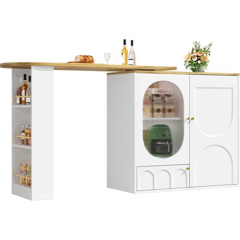 URBAN MEUBLE Table de bar effet bois et blanc, plateau pivotant à 360° portes en verre canelé FROSTBLOOM (1/5)
