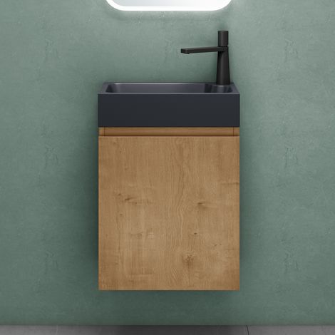 Mai & Mai Ensemble de Meuble de Salle de Bain Meuble sous Lavabo Suspendu Marron Clair 46x26x63cm avec Vasque Anthracite Mat PS02 (1/5)