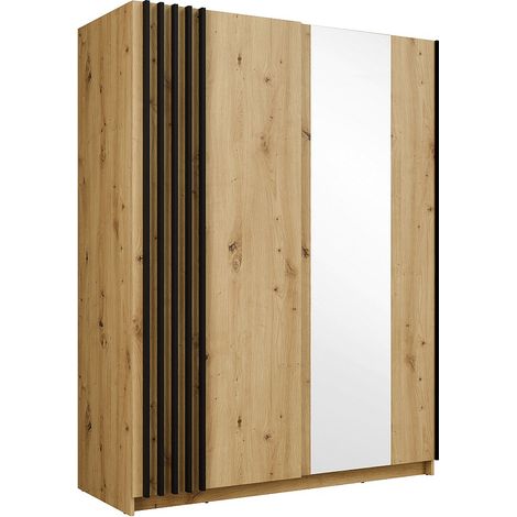 Armadio 2 ante scorrevoli Con specchio L150 cm Naturale e Nero - CALELA