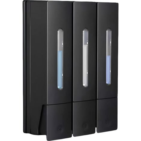 Dispensador de jabón mural sin taladrar, dispensador de gel de ducha mural negro, 3 dispensadores de champú de 400 ml, incluso dispensador de líquidos para baños. (1/5)