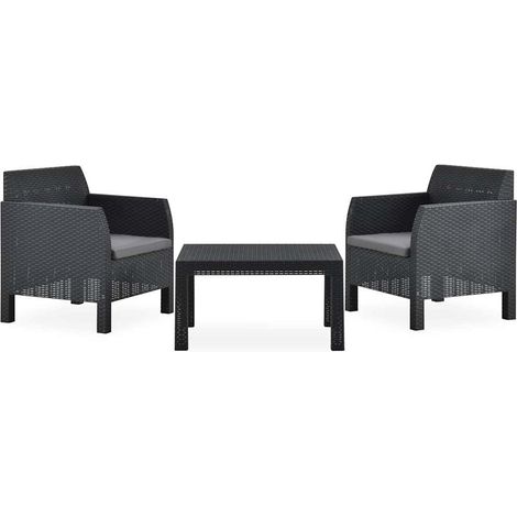 Salon de jardin 3 pcs avec coussins-Lot de 3 Mobilier de jardin-Meuble de jardin PP Rotin Anthracite (1/5)