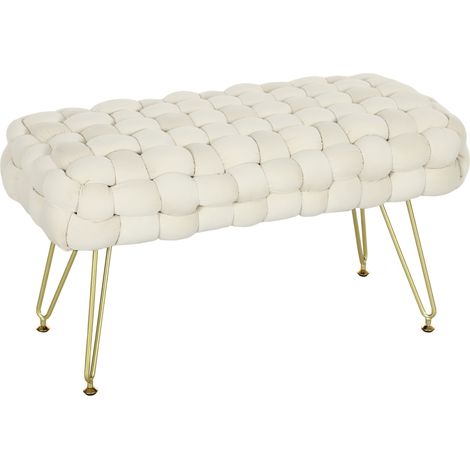 Pouf en velours crème avec pieds en métal, siège rembourré 76 x 38 x 41,5 cm (1/5)