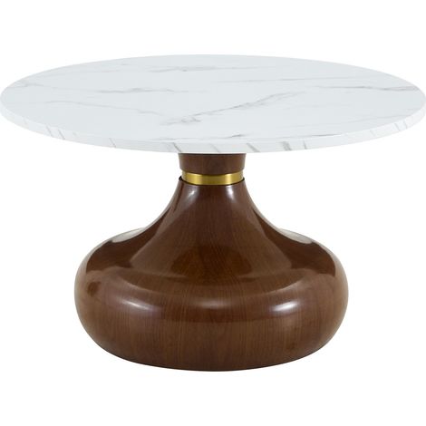 Set de 2 tables basses rondes avec plateau effet marbre en mélamine et pieds sablier finition noyer (1/5)