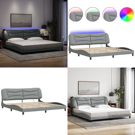 Cadre de lit avec LED sans matelas gris clair 200x200 cm tissu - Cadre De Lit - Lit Avec Led - Tête De Lit Rembourrée - Design Moderne - Éclairage LED - Home & Living (1/5)