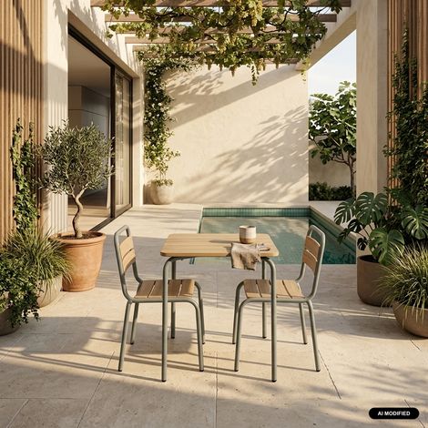 sweeek - Table de jardin enfant acier et décor bois + 2 assises vert de gris - Suzie