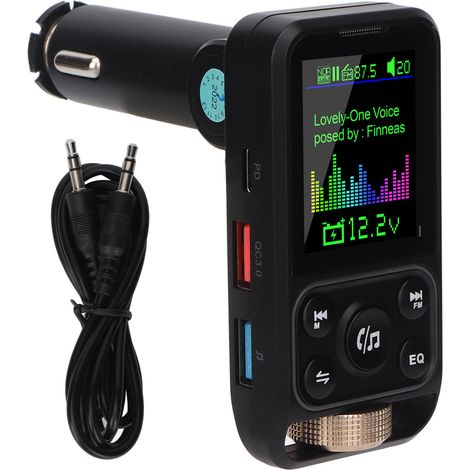 Transmetteur Bluetooth FM 12V-24V, chargeur voiture mains libres avec appel, adaptateur USB-C support PD30W QC18W charge rapide, Type 1 (1/5)