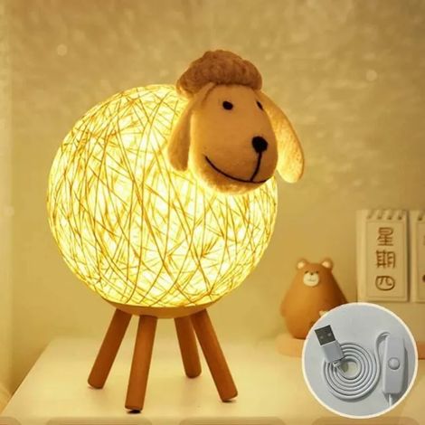 Veilleuse LED, Mouton Lampe de Chevet en Rotin, Veilleuse Enfant Projecteur, Lampe Nuit LED,110cm USB/Interrupteur Poussoir [Classe énergétique A++] (1/4)