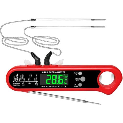 Thermomètre à Viande à Lecture Instantanée Numérique Double Sondes Précises pour la Cuisson Barbecue Cuisine Rouge (1/5)