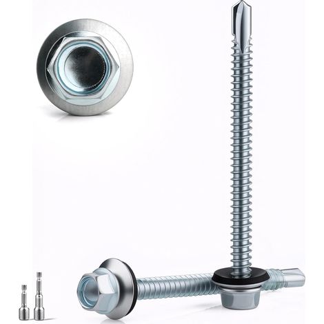 18 PCS Vis Autoperforante 6.3x100MM Auto Taraudeuses à Tête Hexagonale Galvanisées pour Metal Bac Acier Toiture avec Rondelle D'étanchéIté 2 Douilles Hexagonales Incluses (1/5)
