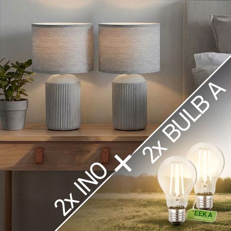 Briloner Ino Tischlampe, Stoffschirm, Kabelschalter, Keramikfuß, Grau, Ø22 x 37,5 cm