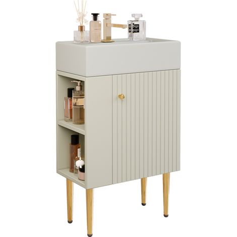 CHICFURN Mobile bagno con lavabo 55 cm, MDF bianco, vani laterali, con piedini (1/5)
