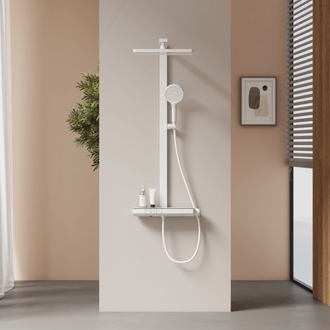 EMKE Duschsäule mit Thermostat Weiß mit 36cm Regendusche 4-Stufen Handbrause 40cm Glasablage Inkl. Chlor-Filter