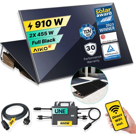 ROBINSUN®️ Kit Solar Enchufable Performance Flat 910 Wp, 2 paneles Aiko 455Wp + 1 Microinversor 800W con Wifi incluído + Cable 3m + 2 Fijaciones 20º (1/5)