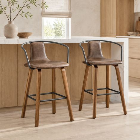 2 Barhocker mit Armlehnen aus Holz und Metall, Braun (1/5)