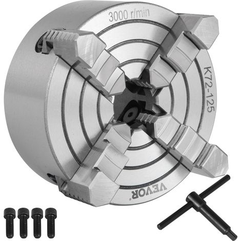 VEVOR K72-125 Portabrocas de Torno de Mordazas Accesorios de Taladro de Portabrocas de Torno con 1 Llave en T Portabrocas de Torno de 4 Mordazas para Sujetar Ejes Colgantes/Triángulos Equiláteros