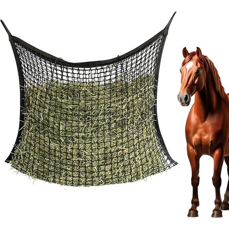 Filet à foin : 120 x 90 cm Sac à foin pour chevaux, noir, grand filet d'alimentation pour foin, filet à foin de cheval, filet à foin à mailles serrées, sac à nourriture pour les animaux de (1/5)
