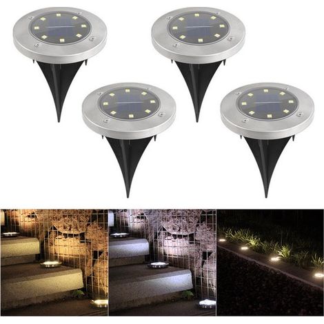 Lot de 4 lampes solaires encastrables rondes en acier inoxydable, 8 LED, étanches IP65, pour terrasse, jardin et escaliers, lumière blanc chaud (1/5)