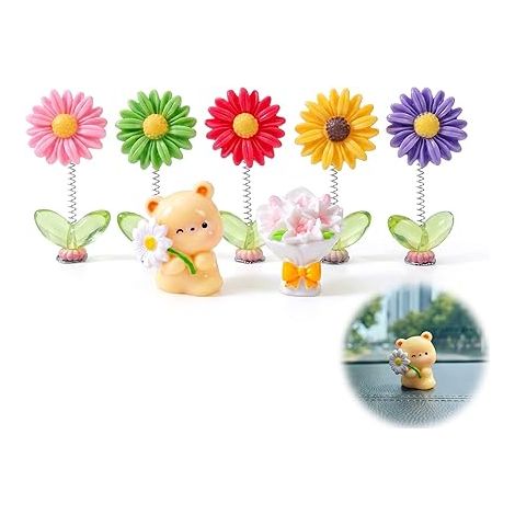 Décoration Voiture Intérieur, Marguerite Fleur et Ours en Résine, Accessoire Tableau de Bord Mignon pour Auto, Bureau et Maison, Ornement Esthétique avec Adhésif Inclus (1/5)