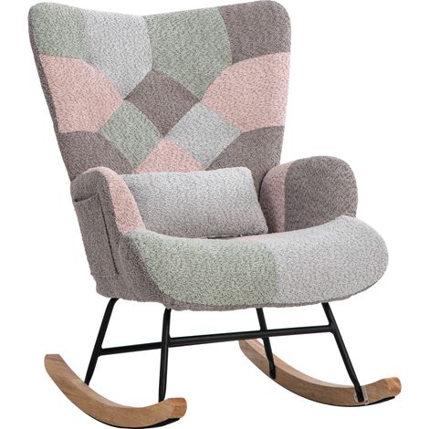 Fauteuil à bascule multicolore avec repose-pieds et coussin lombaire, structure stable en bois de manguier (1/5)
