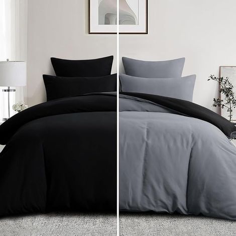 Housse de Couette 200x200 Réversible - Parure Lit Bicolore 200 x 200 Fermeture Éclair, Taies d'oreiller 65x65, Noir et Gris (1/3)