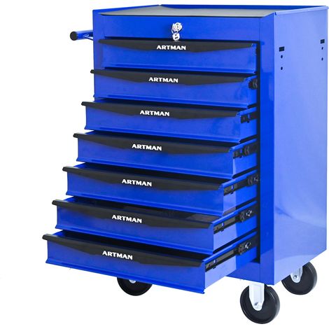 ELVMI Carro de Herramientas con 7 Cajones, 4 Ruedas y Cerradura con Llave para Garaje en Acero, Negro-Azul (1/5)