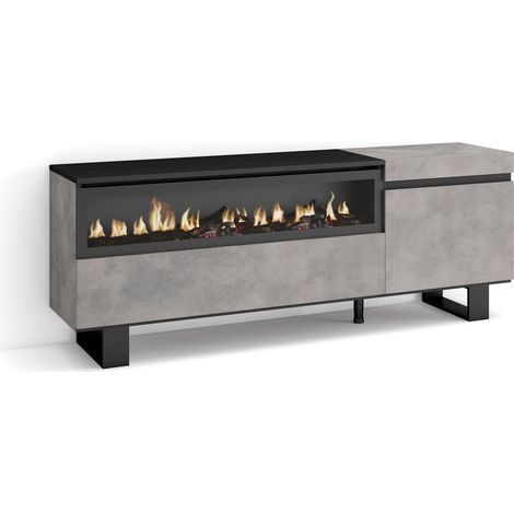 Skraut Home – Meuble TV avec cheminée électrique – Dimensions 150x57x35cm – Pour TV jusqu'à 65' – Design industriel gris ciment (1/5)