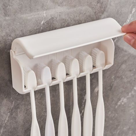 Wall-mounted toothbrush holder with lid, 6 self-adhesive toothbrush slots, storage rack for bathroom, shower, camper van, RV (1/5)