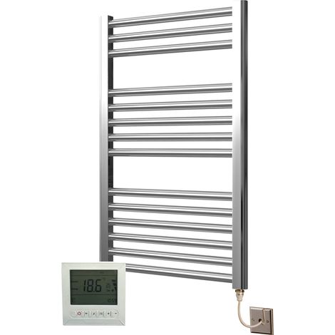 Extra High Heat Output Chrome Electric Towel Rail 500 x 800mm Flat Bathroom Radiator Heater + 7 Day Timer/Thermostat