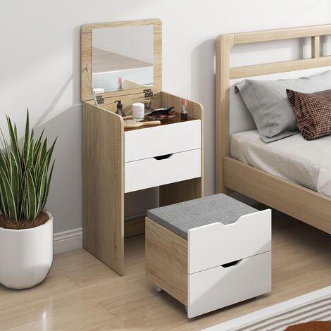 Station de Maquillage 3 en 1 avec Miroir Pliable, Tabouret Rétractable, Coiffeuse avec Tabouret Rembourré à Roues, 3 Tiroirs, Plateau en Verre Transparent, Rangement, Gain de Place, Blanc et Chêne (1/5)