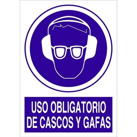 Señal de poliestireno 210x148mm uso obligatorio de cascos y gafas