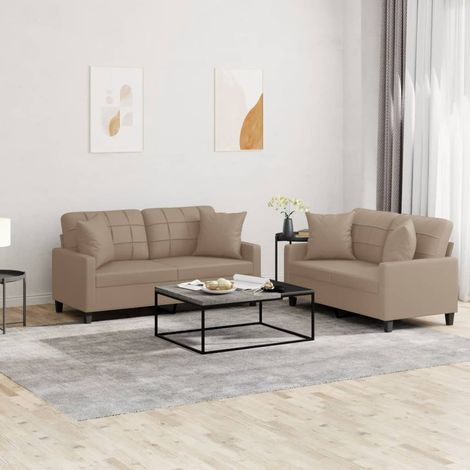 2-tlg. Sofagarnitur mit Kissen Cappuccino-Braun Kunstleder (1/5)