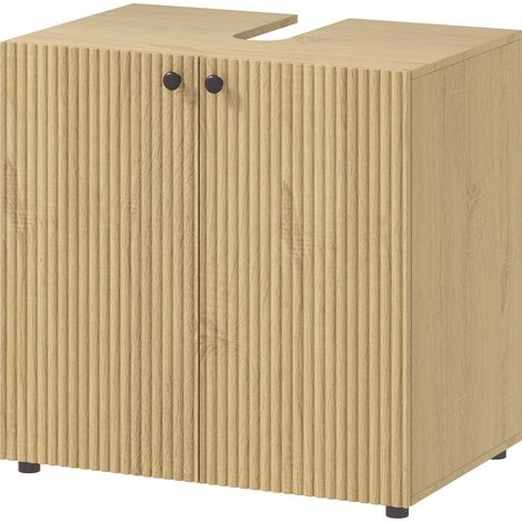 Meuble sous lavabo salle de bain 2 portes à fermeture amortie, étagère ajustable, 60x39.8x58.5cm, bois naturel (1/5)