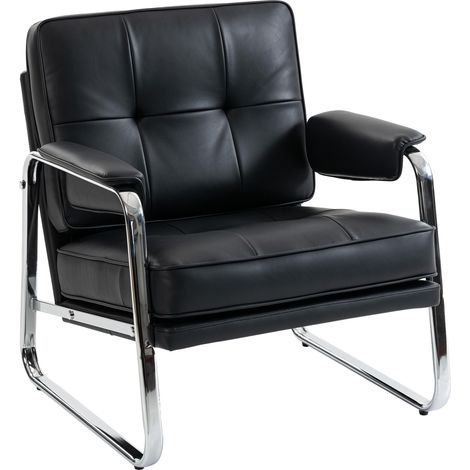 Fauteuil lounge avec assise large, accoudoirs et pieds en acier, revêtu de similicuir noir, idéal pour le salon ou la chambre. (1/5)