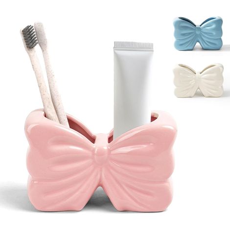 Porte-brosse à dents en céramique rose avec nœud - Porte-brosse à dents électrique et porte-dentifrice (1/5)